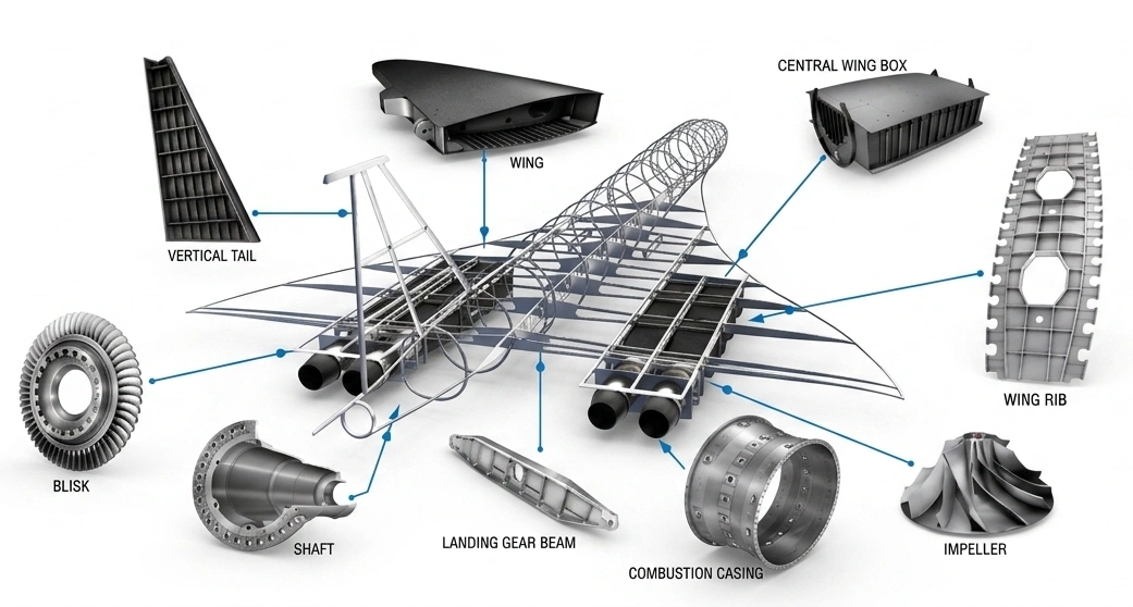 Aerospace Components We Manufacture - Vertical Tail, Wing, Central Wing Box, Wing Rib, Blisk, Shaft, Landing Gear Beam, Combustion Casing, Impeller