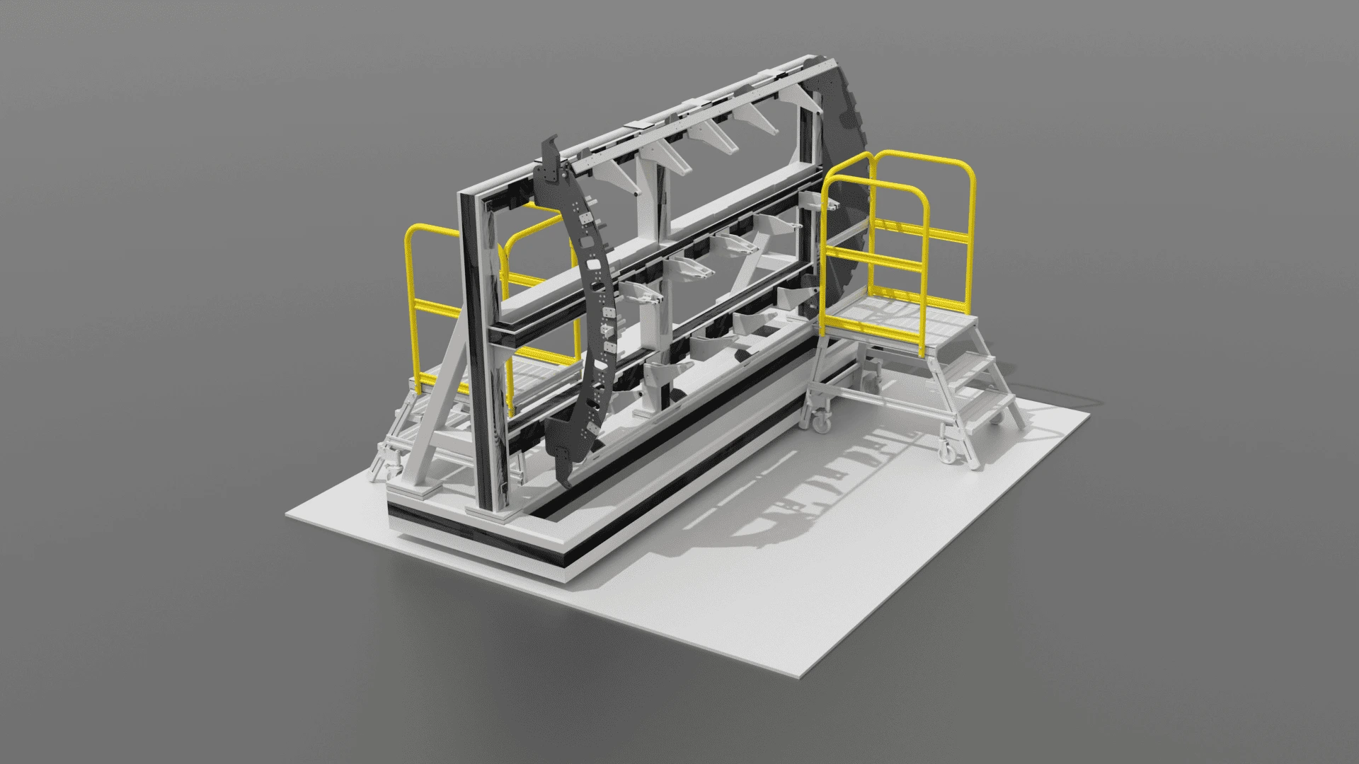 Fuselage frame assembly jig with access platforms