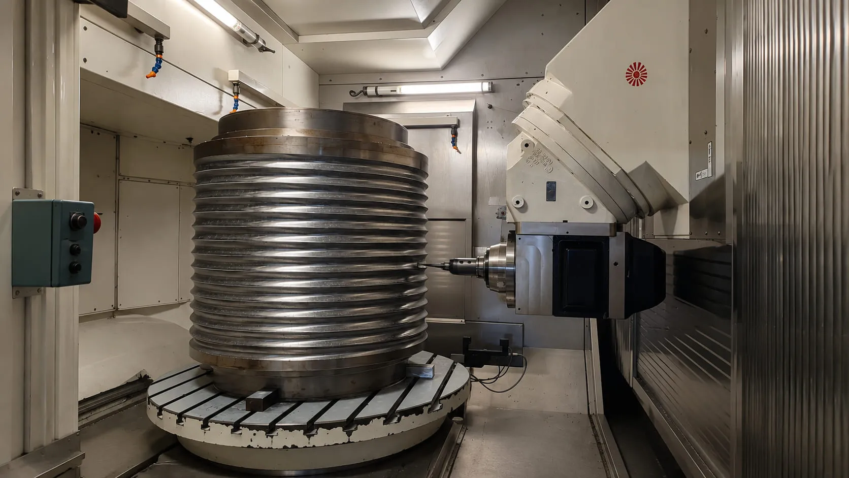 Large finned cylindrical component in machining